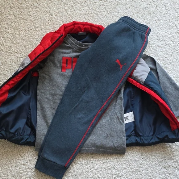 Puma Red Gray & Blue Kids' Outfit - Longsleeve T-shirt, Joggers and Vest - Picture 3 of 9